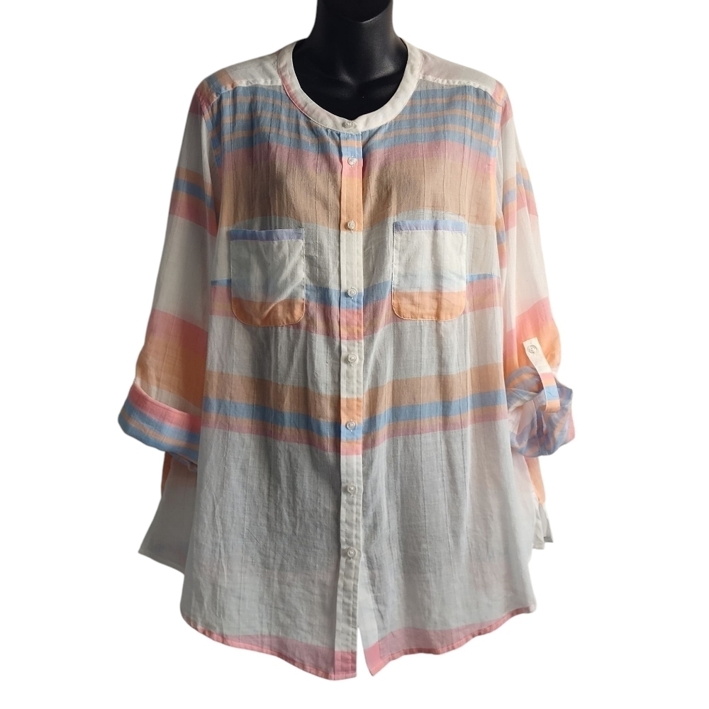 Lane Bryant Womens Multicolor Strip Cotton Sheer Button Up Shirt Size 14/16